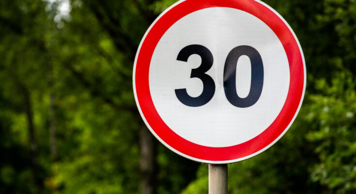 Road Sign Speed Limit 30 Kilometers Per Hour Green Forest Background With Selective Focus